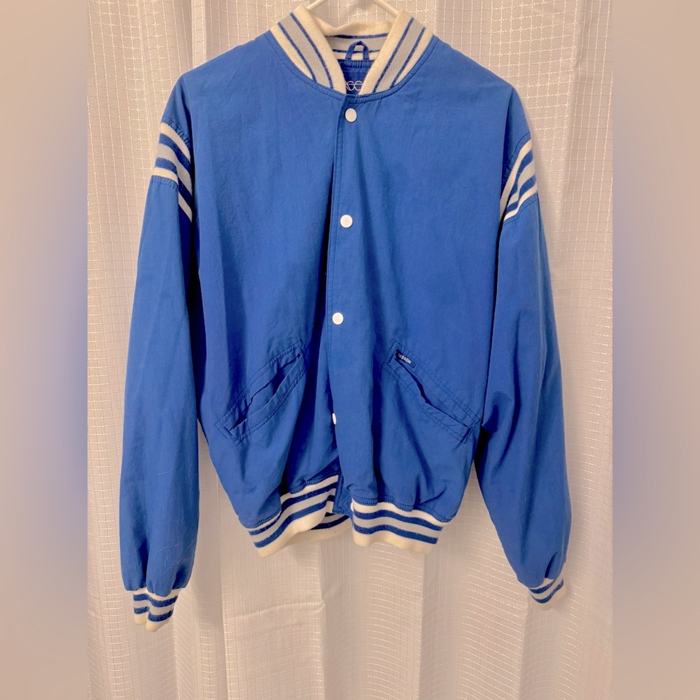 Blue Vintage 80’s style Varsity Jacket with White Stripes